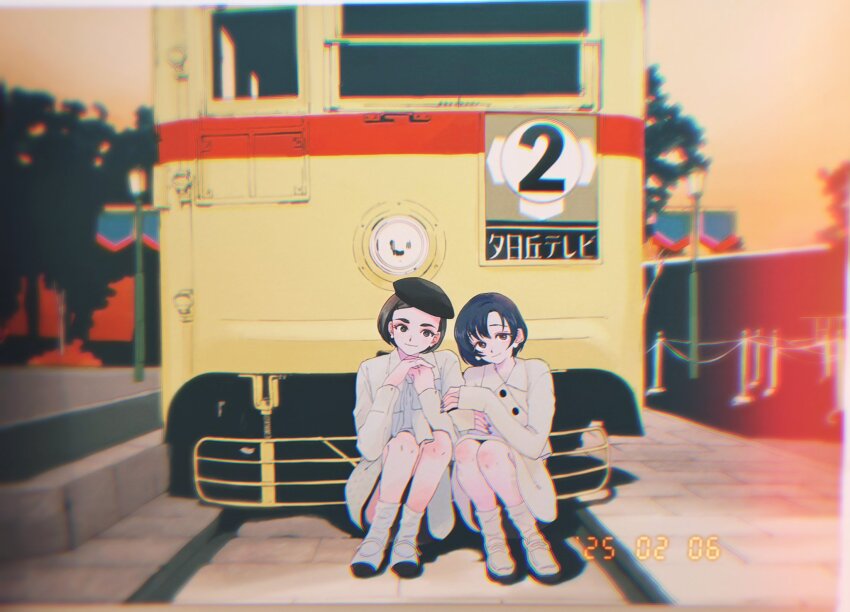 2girls asagiwa_ico beret black_hair black_hat closed_mouth copyright_name copyright_notice dated dress earrings fake_photograph fragments_of_the_idolmaster_cinderella_girls full_body hat highres idolmaster idolmaster_cinderella_girls jewelry knees_up long_sleeves looking_at_viewer matsuo_chizuru multiple_girls official_art outdoors own_hands_together railroad_tracks shiragiku_hotaru shoes short_hair sitting smile socks train white_dress white_shoes white_socks
