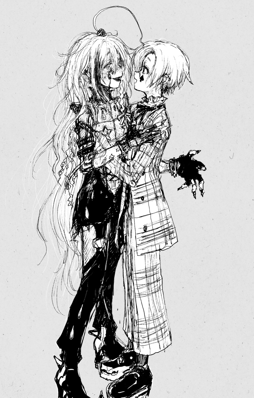 2girls ahoge alternate_costume arm_around_waist armor blush boots breastplate coat ear_piercing face-to-face facial_mark fingerless_gloves frilled_shirt_collar frills from_side full_body garter_straps gloves greyscale hair_ornament hand_on_another&#039;s_chest hand_on_another&#039;s_shoulder highres hoshi_syoko hover_hand huge_ahoge idolmaster idolmaster_cinderella_girls jewelry_request long_bangs long_hair long_sleeves looking_at_another monochrome multicolored_hair multiple_girls neck_ribbon nervous_smile nose_blush o-ring open_mouth pants payama piercing plaid_clothes plaid_coat plaid_pants platform_footwear profile ribbon sharp_teeth shirasaka_koume shoes short_hair three-quarter_sleeves smile socks spade_(shape) spade_facial_mark standing star_(symbol) streaked_hair sweat teardrop-shaped_gem teeth thigh_boots very_long_hair