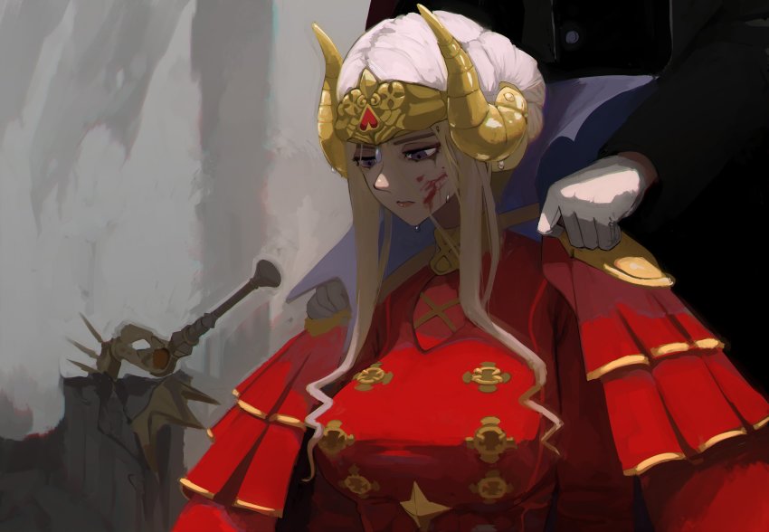 1boy 1girl absurdres armor axe aymr_(fire_emblem) breasts cape closed_mouth dress edelgard_von_hresvelg edelgard_von_hresvelg_(timeskip) fire_emblem fire_emblem:_three_houses gloves hair_ornament highres holding holding_axe horns hubert_von_vestra long_hair long_sleeves nintendo pea_(poopingirl) purple_eyes red_cape uniform weapon white_hair