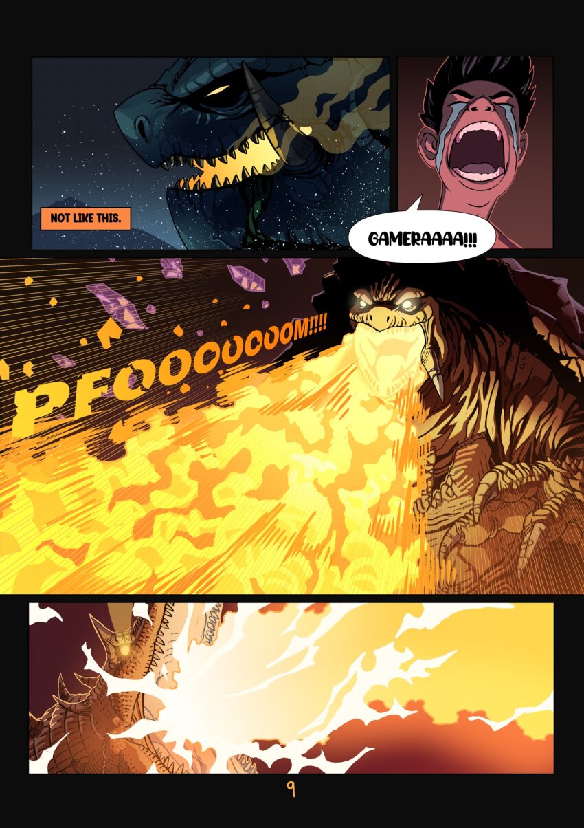 1boy alex_alcanter barugon bleeding blood breath_weapon breathing_fire breathing_ice colored_blood crying daiei_film daiei_motion_picture energy energy_beam english_text fire gamera gamera_(series) gamera_vs._barugon glowing glowing_eyes glowing_mouth green_blood highres horns ice ice_beam injury kadokawa kaiju lizard mouth_beam nasal_horn night no_pupils plasma plasma_beam screaming sea_monster sharp_teeth smoke spikes steam teeth text_focus turtle turtle_shell tusks vapor yellow_eyes