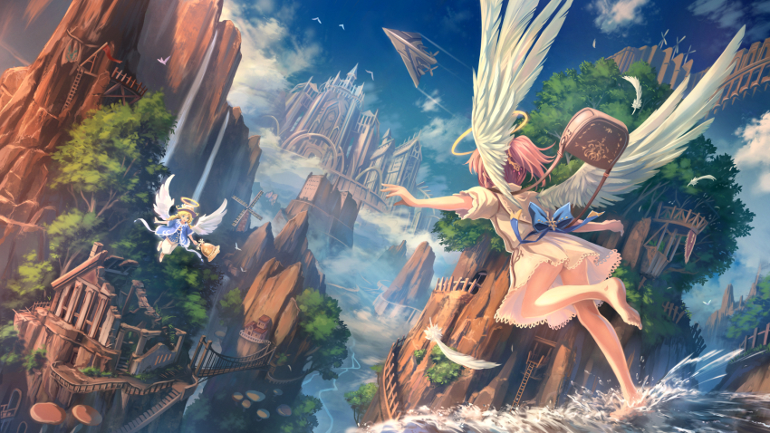 2girls aircraft airplane angel angel_wings barefoot bell bird blonde_hair blue_bow blue_shawl blue_sky bow bridge brown_hair building cathedral cloud day dress dutch_angle fantasy feathered_wings feathers flying halo highres holding holding_bell jet ladder making-of_available mountain multiple_girls open_mouth orange_hair original outdoors pouch railing revision river ruins scenery shawl sky soraizumi splashing tree water waterfall white_dress windmill wings wooden_bridge wooden_ladder wooden_railing