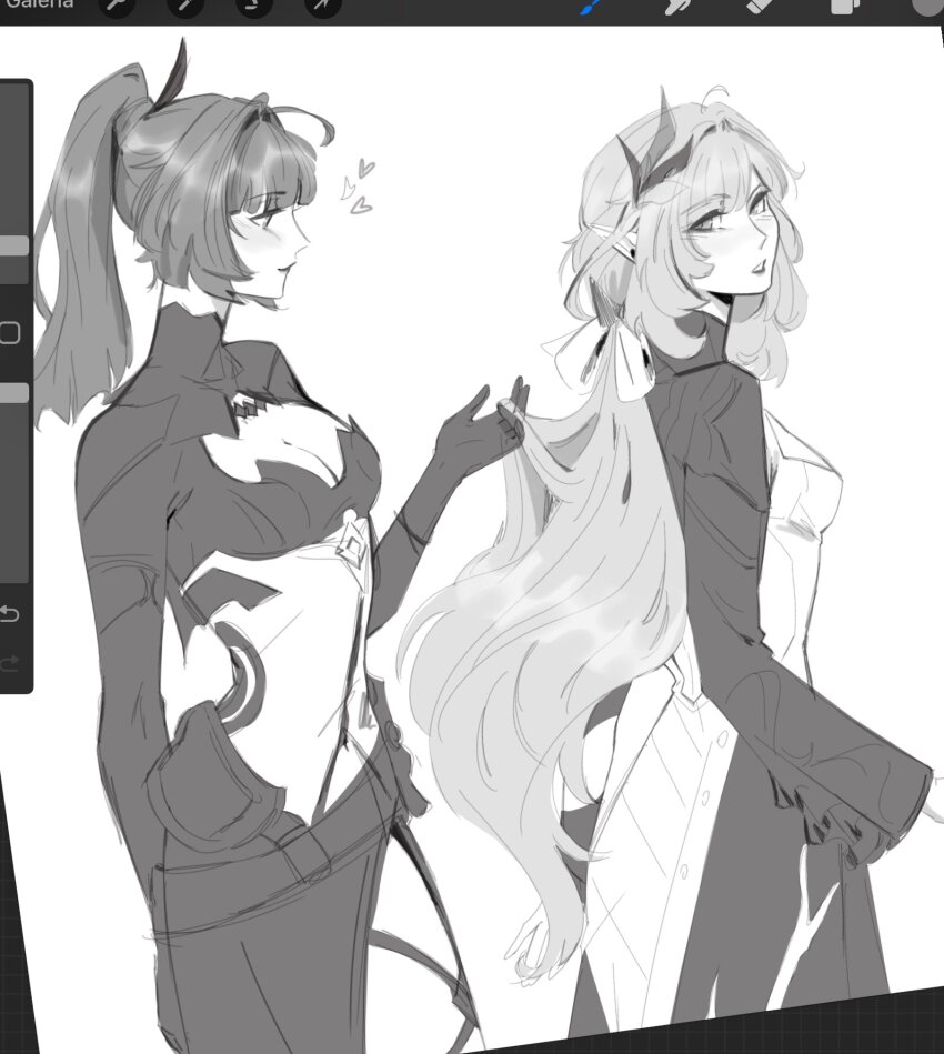 2girls art_program_in_frame cleavage_cutout clothing_cutout commentary elysia_(honkai_impact) elysia_(miss_pink_elf)_(honkai_impact) english_commentary gloves greyscale hand_in_another&#039;s_hair heart high_ponytail highres honkai_(series) honkai_impact_3rd long_hair long_sleeves low_ponytail monochrome multiple_girls parted_lips ponytail raiden_mei raiden_mei_(danzai_spectramancer) raiden_mei_(orochi_cuirass) seijousai very_long_hair