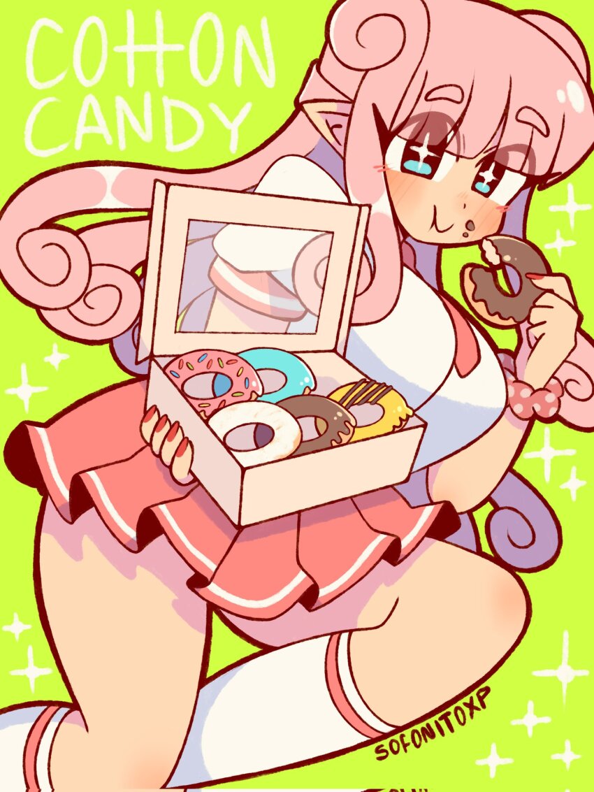 +_+ 1girl blue_eyes blunt_bangs blush closed_mouth corrupted_twitter_file donut eating food highres holding holding_donut holding_food kneehighs long_hair looking_at_viewer necktie original pastry_box pink_hair pleated_skirt pointy_ears red_nails red_necktie red_skirt short_sleeves skirt socks sofo_soup solo white_socks