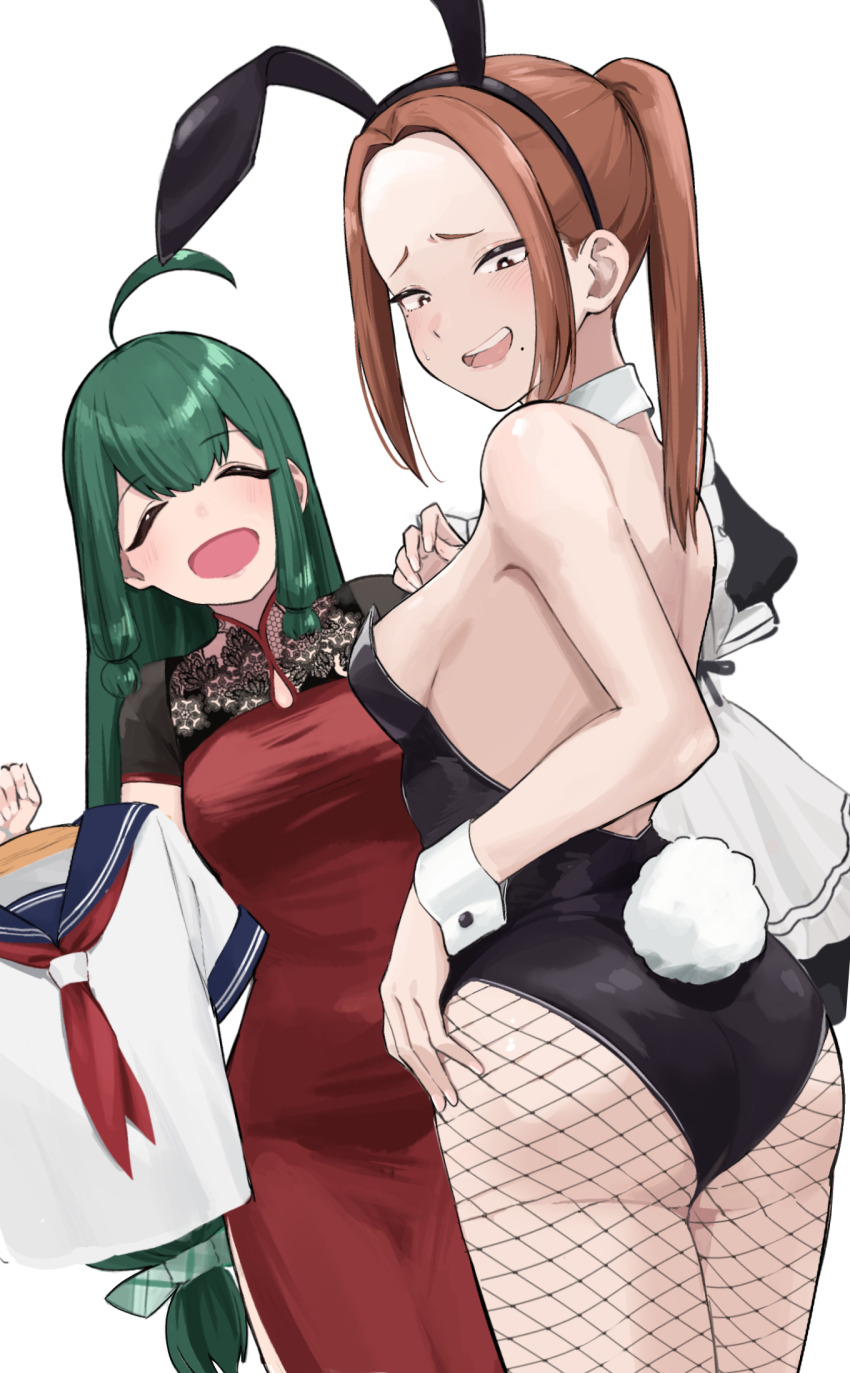 2girls ahoge ass ayatak0517 bare_shoulders breasts brown_hair china_dress chinese_clothes clothes_hanger detached_collar dress fishnet_pantyhose fishnets forehead green_hair highres holding holding_clothes_hanger komi-san_wa_komyushou_desu leotard long_hair mole mole_under_mouth multiple_girls onemine_nene open_mouth otori_kaede pantyhose playboy_bunny ponytail rabbit_ears school_uniform serafuku short_sleeves simple_background small_breasts smile strapless teeth upper_teeth_only white_background wrist_cuffs