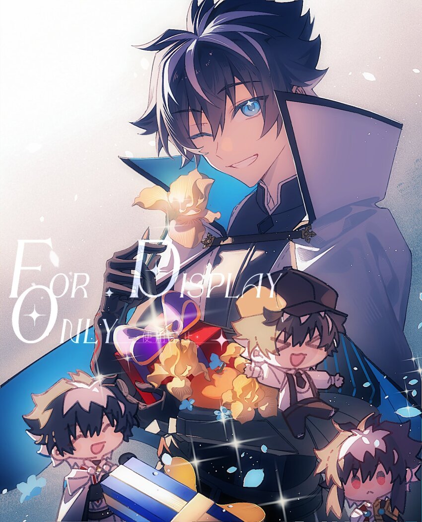 &gt;_&lt; 4boys black_gloves black_hair blue_eyes box newsboy_cap cape charlemagne_(disguise_costume)_(fate) charlemagne_(fate) charlemagne_(first_ascension)_(fate) charlemagne_(second_ascension)_(fate) charlemagne_(third_ascension)_(fate) chibi chibi_inset closed_eyes collared_shirt commission falling_petals fate/grand_order fate_(series) flower gift gift_box gloves grey_background hair_between_eyes hat highres holding holding_flower holding_gift idass_(idass16) looking_at_viewer male_focus multicolored_hair multiple_boys necktie one_eye_closed petals red_eyes shirt short_hair smile streaked_hair suspenders two-tone_hair white_hair white_shirt