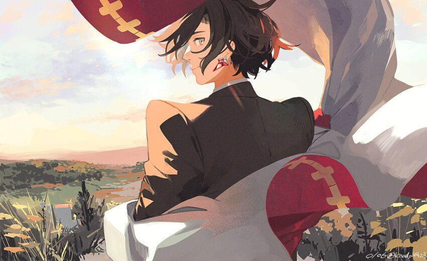 1boy black_hair black_jacket cloak closed_mouth cloud constantine_xi_(fate) curtained_hair dusk earrings fate/grand_order fate_(series) foliage from_behind grass grey_eyes hair_between_eyes highres jacket jewelry kitada long_sleeves looking_at_viewer looking_back male_focus outdoors profile short_hair sky smile solo suit_jacket unworn_cloak unworn_clothes upper_body white_cloak wind