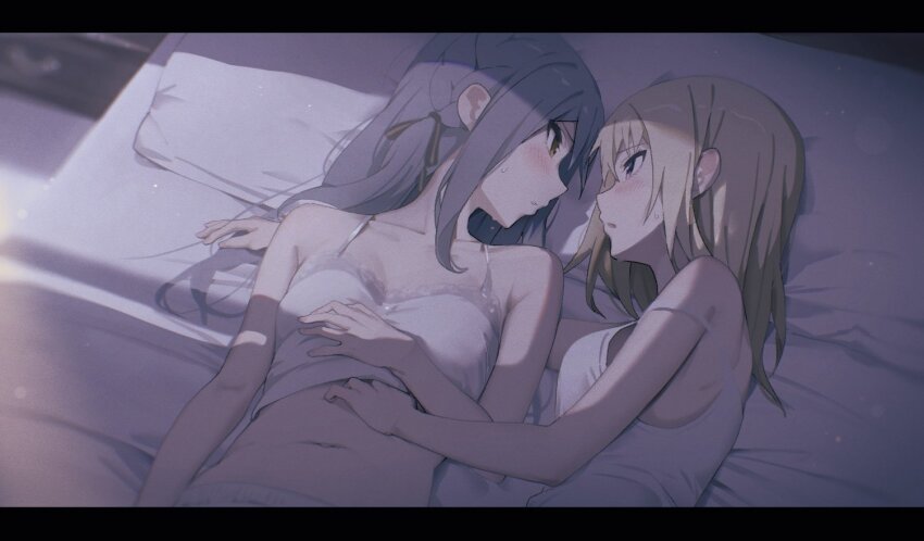 2girls arm_at_side arm_behind_another&#039;s_back bang_dream! bang_dream!_it&#039;s_mygo!!!!! bed black_ribbon blonde_hair blue_hair blurry blush breasts camisole collarbone crop_top depth_of_field eye_contact from_above hair_ribbon hand_on_another&#039;s_stomach hand_on_own_chest lace-trimmed_camisole lace_trim letterboxed lie_lack1080 light_particles long_hair looking_at_another lying medium_breasts medium_hair midriff misumi_uika multiple_girls navel on_back on_bed on_side parted_lips pillow purple_eyes ribbon sidelocks spaghetti_strap strap_slip striped_ribbon sweat togawa_sakiko upper_body white_camisole window_shadow yellow_eyes yuri