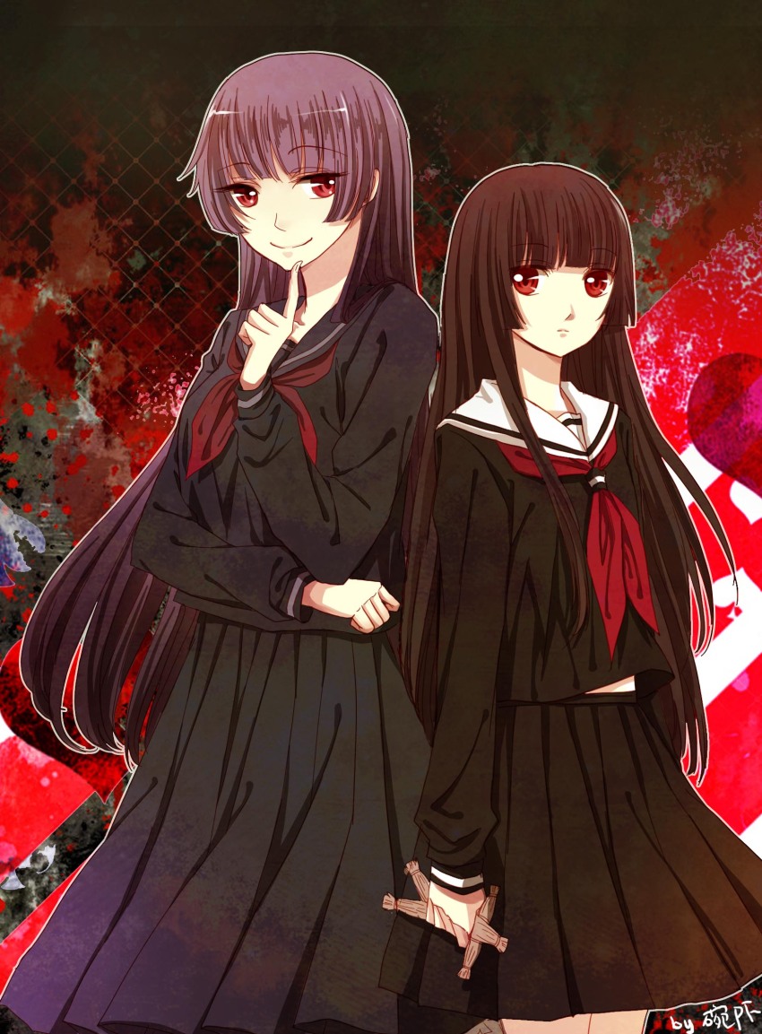 2girls abstract_background artist_name bad_id bad_pixiv_id black_hair black_serafuku black_shirt black_skirt blunt_bangs crossover enma_ai expressionless hand_on_own_chin hand_on_own_elbow highres hime_cut jigoku_shoujo kanoe_yuuko long_hair look-alike looking_at_another multiple_girls neckerchief purple_hair red_eyes red_neckerchief riceko school_uniform serafuku shirt skirt smile tasogare_otome_x_amnesia trait_connection voodoo_doll