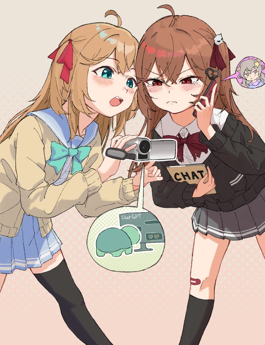 3girls absurdres ahoge angry animal_ears annytf aqua_bow aqua_bowtie bandaid bandaid_on_knee bandaid_on_leg black_cardigan black_skirt black_socks black_thighhighs blue_eyes blue_sailor_collar blue_skirt blush bow bowtie broken_heart broken_heart_hair_ornament brown_hair calling camera cardigan chatgpt closed_mouth collared_shirt commentary dress_shirt english_commentary evil_neuro-sama feet_out_of_frame fox_ears fox_girl from_side hair_between_eyes hair_ornament hair_ribbon heart highres holding holding_camera holding_phone long_hair long_sleeves multiple_girls neuro-sama off-shoulder_cardigan open_mouth phone pleated_skirt polka_dot polka_dot_background purple_eyes red_bow red_bowtie red_eyes red_ribbon ribbon sailor_collar shirt siblings sisters skirt skull_hair_ornament socks standing tearing_up thighhighs turtle twins user_acidrain vedal987 vedal_ai virtual_youtuber white_shirt yellow_cardigan