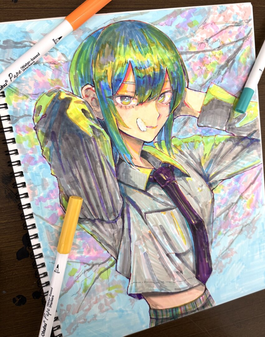 1girl absurdres arms_behind_head blue_sky checkered_clothes checkered_skirt cherry_blossoms closed_mouth collared_shirt commentary green_eyes green_hair grey_shirt hair_between_eyes highres long_sleeves looking_at_viewer lui_n24 medium_hair midriff_peek necktie original outdoors petal_on_face purple_necktie shirt skirt sky solo symbol-only_commentary traditional_media upper_body