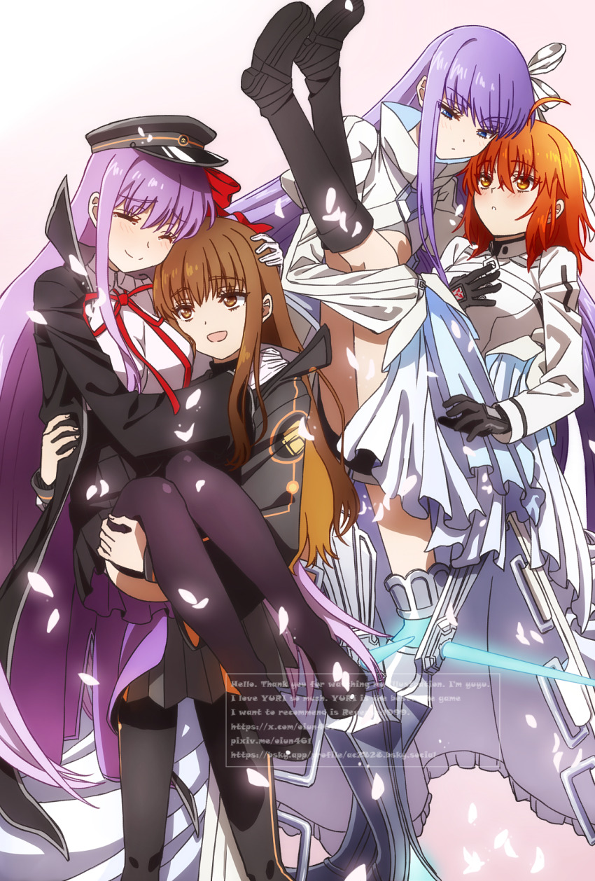 4girls ahoge armored_boots bb_(fate) bb_(fate/extra) black_coat black_gloves black_hat black_jacket black_pantyhose black_shorts black_skirt black_thighhighs blue_eyes blue_ribbon blush boots breasts brown_eyes brown_hair carrying closed_eyes coat collared_shirt cropped_jacket dress fate/grand_order fate_(series) fujimaru_ritsuka_(female) fujimaru_ritsuka_(female)_(decisive_battle_chaldea_uniform) gloves hair_ribbon hat high-waist_skirt highres jacket kishinami_hakuno_(female) kishinami_hakuno_(female)_(mooncancer) large_breasts long_hair long_sleeves medium_breasts meltryllis_(fate) meltryllis_(third_ascension)_(fate) multiple_girls neck_ribbon oiun open_clothes open_coat orange_eyes orange_hair orange_trim pantyhose peaked_cap popped_collar princess_carry prosthesis prosthetic_leg purple_hair red_ribbon ribbon shirt short_hair shorts sidelocks skirt sleeves_past_fingers sleeves_past_wrists small_breasts smile thighhighs thighs very_long_hair white_dress white_gloves white_jacket white_shirt wide_sleeves