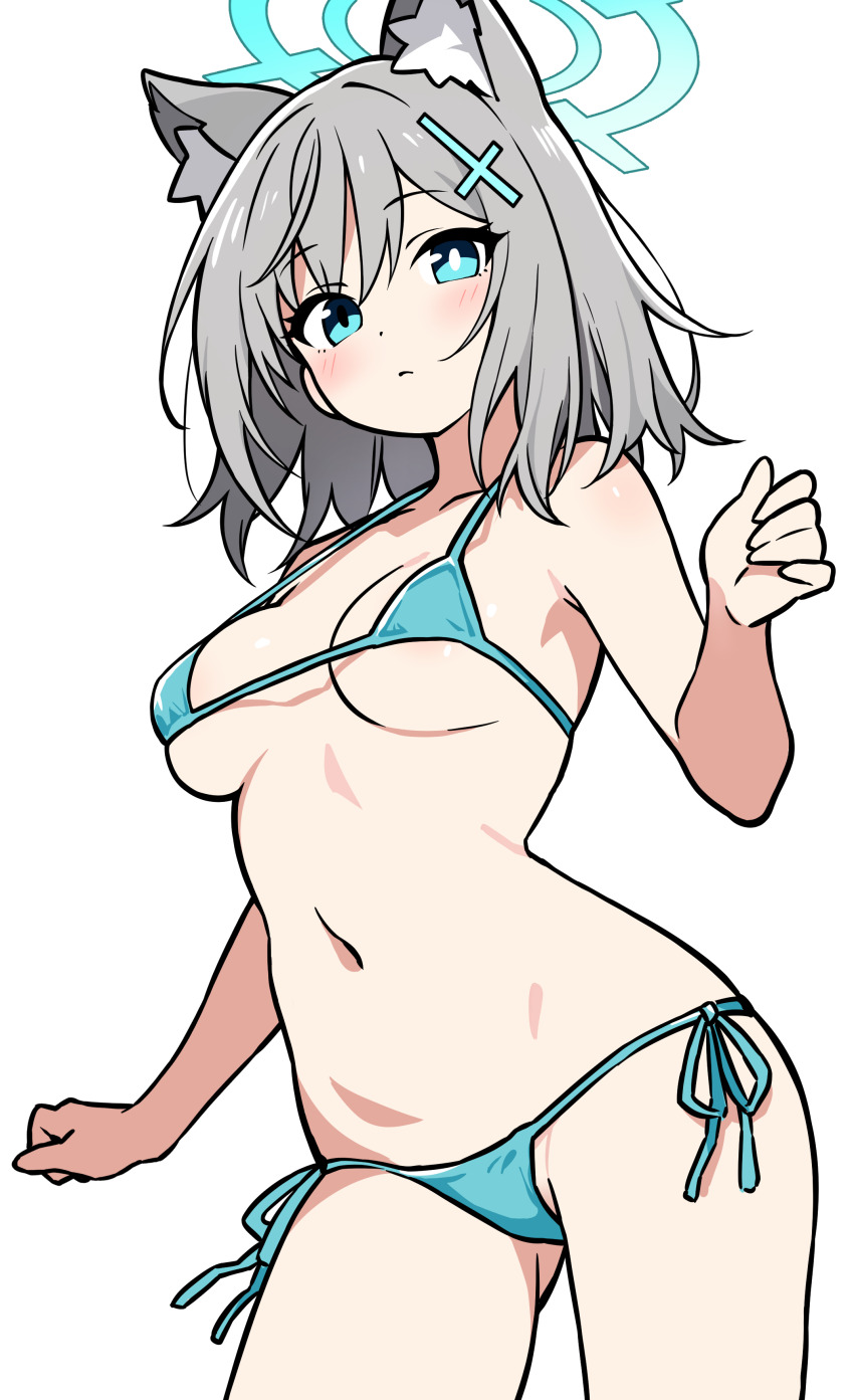 1girl absurdres alternate_costume animal_ear_fluff animal_ears aqua_bikini aqua_eyes aqua_halo bikini blue_archive blush breasts closed_mouth commentary cowboy_shot cross cross_hair_ornament ecgg_(tsuji418477) expressionless grey_hair hair_ornament halo highres inverted_cross looking_at_viewer medium_breasts medium_hair mismatched_pupils navel shiroko_(blue_archive) side-tie_bikini_bottom simple_background solo standing strap_gap swimsuit white_background wolf_ears wolf_girl