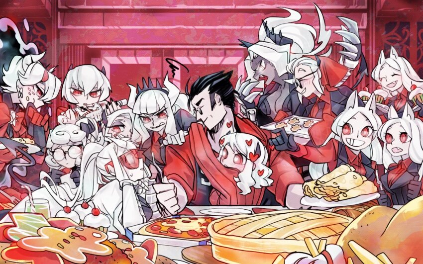 1boy 6+girls apron beelzebub_(helltaker) black_apron black_gloves black_hair black_horns black_jacket black_necktie black_vest cerberus_(helltaker) cupcake demon demon_girl demon_horns demon_tail earrings fine_art_parody food fork freckles glass gloves helltaker helltaker_(character) horns hug jacket jacket_on_shoulders jewelry judgement_(helltaker) justice_(helltaker) lab_coat long_hair looking_at_another loremaster_(helltaker) lucifer_(helltaker) malina_(helltaker) metal_gloves modeus_(helltaker) multiple_girls necktie office_lady pancake pandemonica_(helltaker) parody pie pizza portal_(object) red_eyes red_shirt red_sweater round_eyewear sennmannkai2929 shirt short_hair sunglasses sweater tail the_last_supper triplets vest white_hair zdrada_(helltaker)