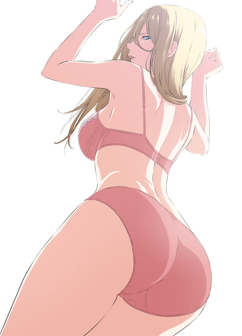 1girl absurdres arms_up ass back blonde_hair blue_eyes bra breasts highres kakitama large_breasts lipstick long_hair looking_at_viewer makeup original panties pink_bra pink_panties thighs underwear white_background
