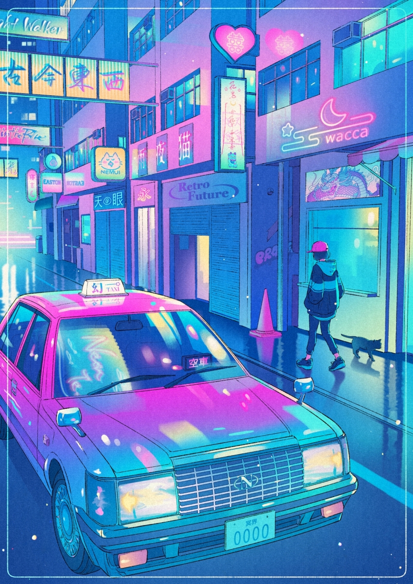 1girl absurdres baseball_cap black_cat blue_jacket blue_pants building car cat city hat highres hood hooded_jacket jacket motor_vehicle neon_lights neon_palette night original outdoors pants pink_hat reflection road sign street taxi traffic_cone wacca005 window