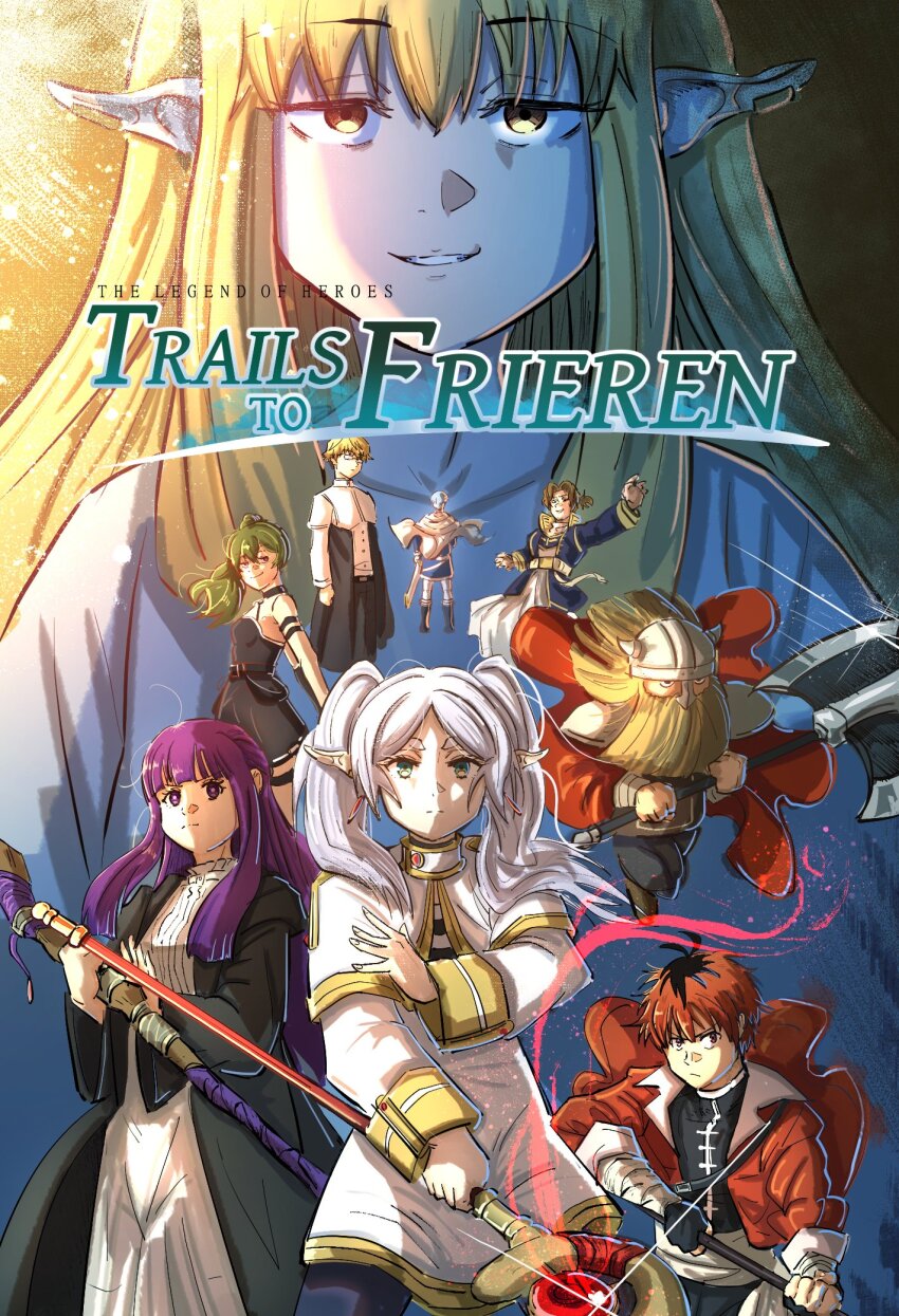 ao_no_kiseki beard blonde_hair commentary commission cover dwarf eisen_(sousou_no_frieren) eiyuu_densetsu elf english_commentary facial_hair fake_cover fake_horns fern_(sousou_no_frieren) frieren green_hair helmet highres himmel_(sousou_no_frieren) holding holding_staff horned_helmet horns land_(sousou_no_frieren) looking_at_viewer loose_hair_strand ononotsu parted_lips pointy_ears purple_eyes purple_hair red_hair sein_(sousou_no_frieren) serie_(sousou_no_frieren) short_hair sousou_no_frieren staff stark_(sousou_no_frieren) twintails ubel_(sousou_no_frieren) v-shaped_eyebrows video_game_cover yellow_eyes