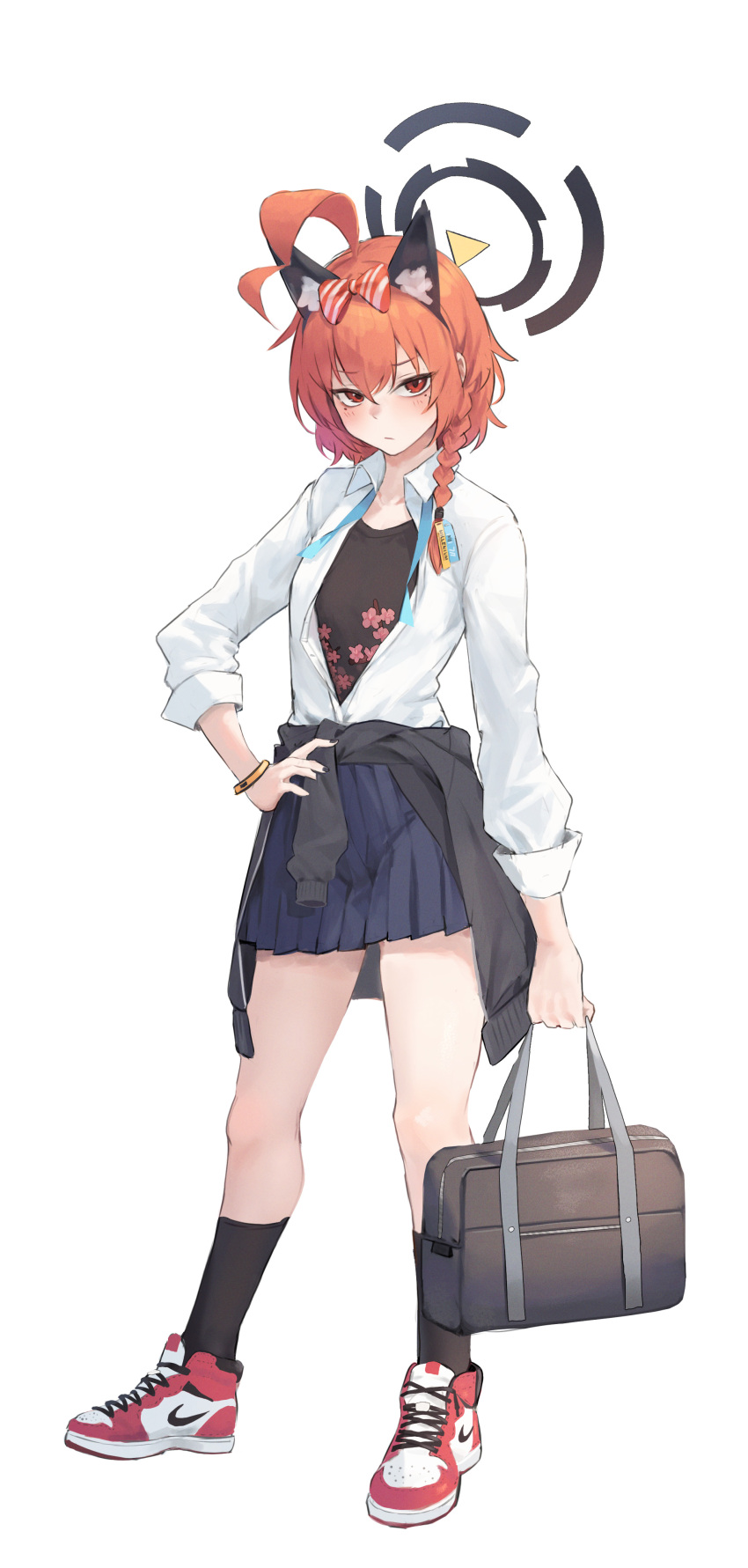 absurdres ahoge air_jordan animal_ears bag black_halo black_socks black_undershirt blue_archive bracelet cat_ears commentary_request fake_animal_ears floral_print ggz_(gguzal_95) halo hand_on_own_hip highres huge_ahoge jewelry neru_(blue_archive) neru_(school_uniform)_(blue_archive) open_clothes open_shirt pleated_skirt red_eyes school_bag shirt simple_background skirt socks solo white_background white_shirt