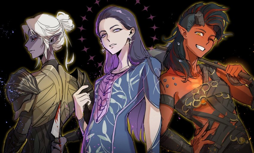 3girls arm_behind_back armor axe baldur&#039;s_gate baldur&#039;s_gate_3 black_background black_hair blue_dress colored_skin dark_elf dress dungeons_&amp;_dragons dungeons_&amp;_dragons earrings elf grin hair_bun hand_on_own_hip highres holding holding_axe holding_knife holding_weapon jewelry karlach knife looking_at_viewer looking_back medium_hair minthara multicolored_hair multiple_girls mystra_(baldur&#039;s_gate) one_eye_closed outline over_shoulder parted_lips pauldrons pointy_ears purple_eyes red_eyes red_skin short_hair shoulder_armor single_hair_bun smile streaked_hair tiefling two-tone_hair upper_body weapon weapon_over_shoulder white_hair yellow_eyes yellow_outline yy20251111