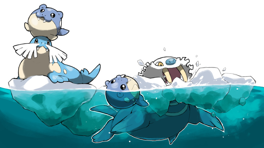 :3 animal_focus blacknirrow closed_mouth creatures_(company) evolutionary_line fangs game_freak gen_3_pokemon highres ice nintendo no_humans on_head open_mouth outline partially_submerged pokemon pokemon_(creature) pokemon_focus pokemon_on_head sealeo simple_background smile spheal swimming tusks walrein water white_background white_outline yellow_eyes