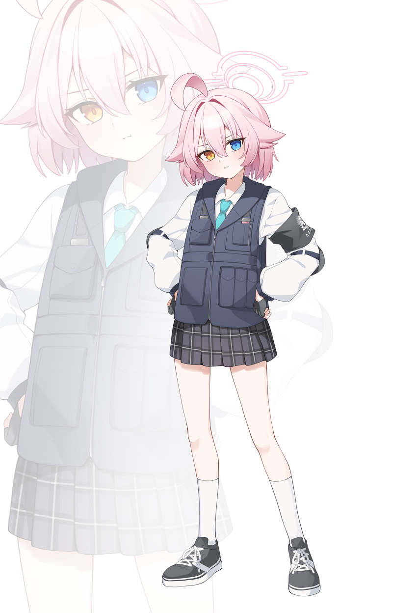 1girl aqua_necktie black_gloves black_shoes black_skirt black_vest blue_archive blue_eyes blush closed_mouth fingerless_gloves gloves gya_(144) hair_between_eyes halo heterochromia highres hoshino_(blue_archive) hoshino_(first_year)_(blue_archive) long_sleeves looking_at_viewer medium_hair necktie pink_hair pink_halo shirt shoes short_hair skirt sneakers socks solo vest white_background white_shirt white_socks yellow_eyes zoom_layer