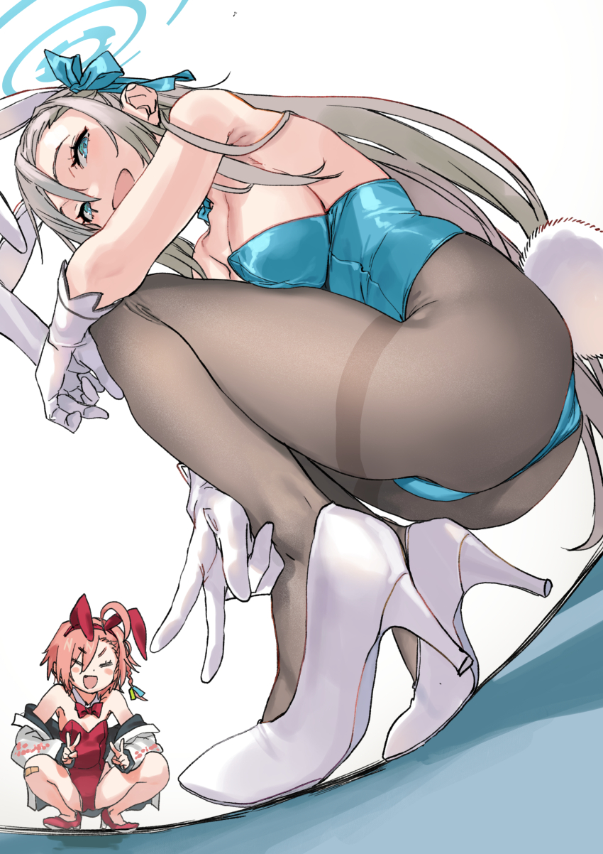 2girls absurdres ahoge animal_ears ass asuna_(blue_archive) asuna_(bunny)_(blue_archive) bandaid bandaid_on_leg bare_legs blue_archive blue_eyes blue_leotard blush bow bowtie breasts closed_eyes detached_collar double_v fake_animal_ears fake_tail full_body gloves grey_hair halo high_heels highleg highleg_leotard highres large_breasts leotard long_hair looking_at_viewer multiple_girls neru_(blue_archive) neru_(bunny)_(blue_archive) open_mouth pantyhose pink_hair playboy_bunny rabbit_tail red_footwear red_leotard sameda_koban squatting strapless strapless_leotard tail thighband_pantyhose v white_footwear white_gloves