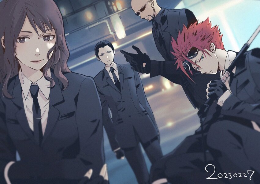 1girl 3boys adjusting_clothes adjusting_gloves bald baton_(weapon) bindi black_gloves black_hair black_jacket black_necktie black_pants black_shirt black_suit blurry blurry_background blurry_foreground brown_hair cissnei collared_shirt crisis_core_final_fantasy_vii crossed_arms dated earrings feet_out_of_frame final_fantasy final_fantasy_vii fingerless_gloves formal_clothes gloves goggles goggles_on_head hair_between_eyes hair_pulled_back jacket jewelry long_hair low_ponytail multiple_boys necktie o_yaszzzzz over_shoulder pants ponytail red_hair reno_(ff7) rude_(ff7) shirt short_hair single_earring suit suit_jacket tseng wavy_hair weapon weapon_over_shoulder white_shirt