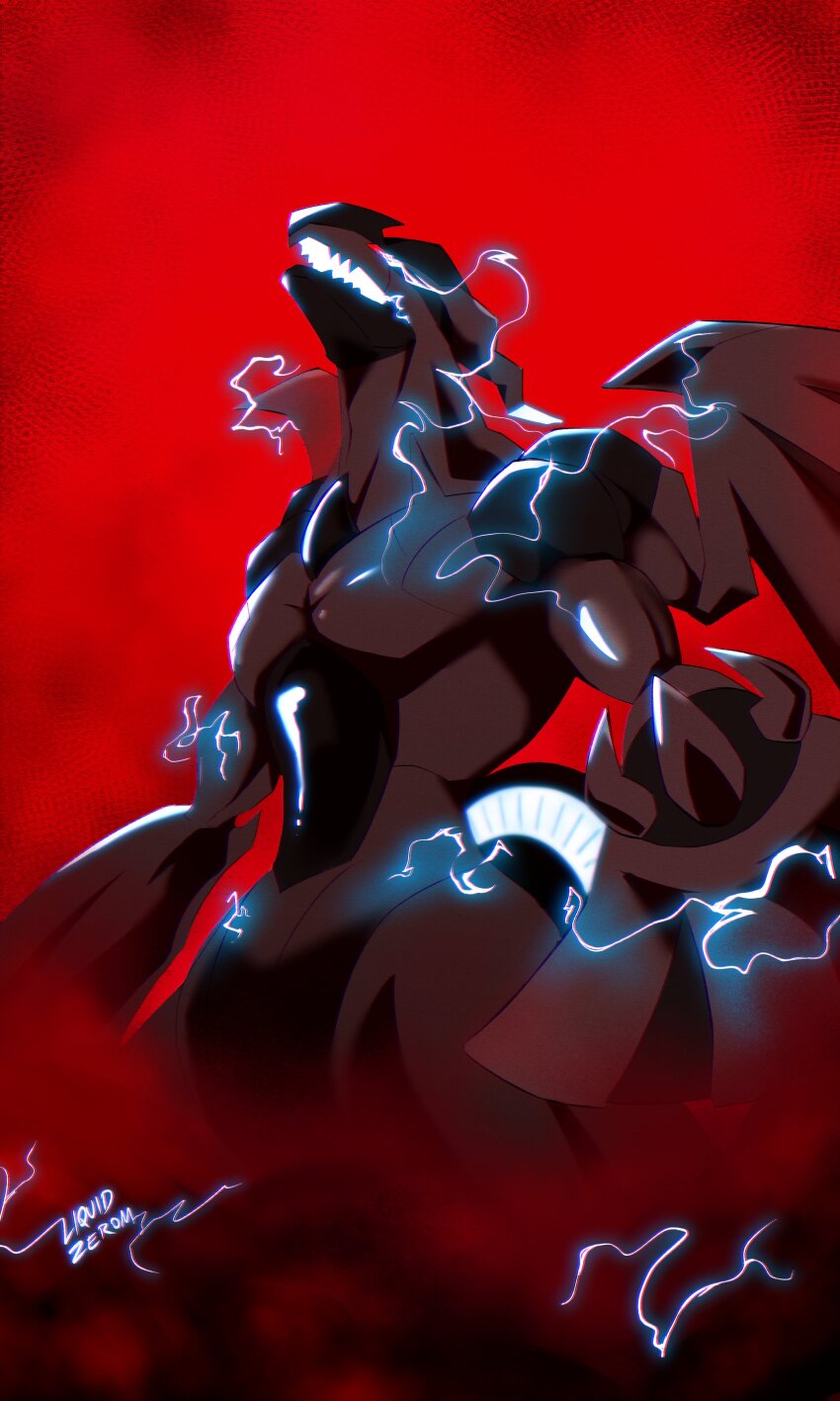 absurdres artist_name aura cloud dragon electricity eye_trail feet_out_of_frame full_body gen_5_pokemon glowing glowing_eyes glowing_mouth glowing_tail highres horns legendary_pokemon light_trail liquidzerom nintendo no_humans open_mouth pokemon pokemon_(creature) pokemon_focus powering_up red_background red_clouds red_eyes sharp_teeth single_horn solo teeth wings zekrom