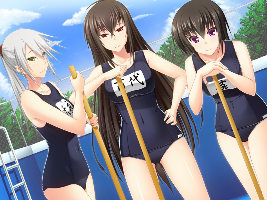 3girls blue_sky breasts brown_hair character_request closed_mouth cloud collarbone cowboy_shot day dutch_angle empty_pool female_focus green_eyes hair_between_eyes hair_ornament hair_scrunchie hand_on_own_hip ikki_(tue_sein_bestes) kawakami_momoyo leaning_forward lineup long_hair looking_at_viewer maji_de_watashi_ni_koi_shinasai! matsunaga_tsubame medium_breasts multiple_girls outdoors plant ponytail pool purple_eyes red_eyes red_scrunchie school_swimsuit scrunchie silver_hair sky smile standing straight_hair swimsuit tachibana_takae very_long_hair