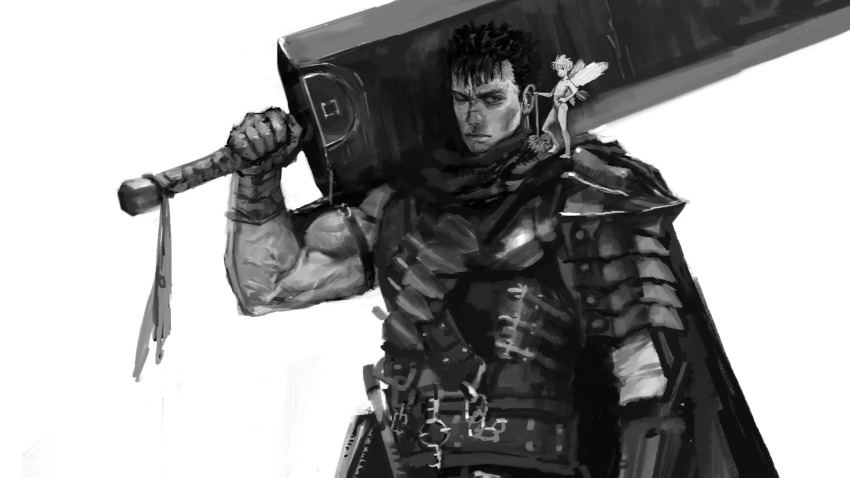 2boys af_cf armor berserk black_hair cloak elf fairy gloves greyscale guts_(berserk) highres holding holding_sword holding_weapon huge_weapon looking_at_viewer male_focus monochrome multiple_boys muscular muscular_male on_shoulder one_eye_closed over_shoulder pointy_ears puck_(berserk) scar scar_across_eye scar_on_face scar_on_nose short_hair shoulder_armor single_shoulder_pad standing sword upper_body weapon weapon_over_shoulder white_background