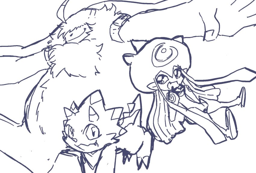 angoramon digimon digimon_(creature) digimon_ghost_game dinosaur gammamon highres jellyfish_girl jellymon looking_at_viewer megane_mochi monster_girl rabbit smile tentacle_hair tentacles triceratops