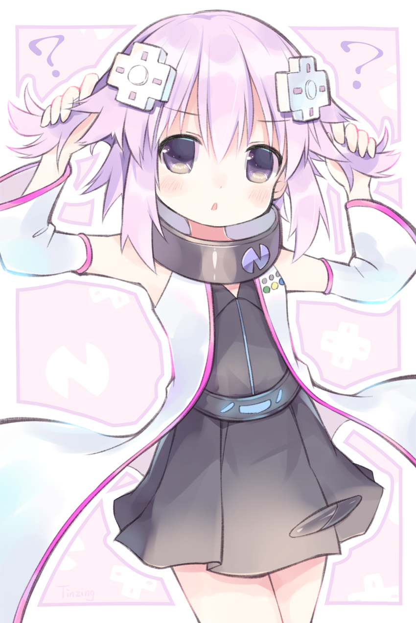 breasts coat collar confused dress gloves hair_ornament hairclip highres neptune_(neptunia) neptune_(series) open_mouth purple_eyes purple_hair sega sega_hard_girls sega_saturn_(sega_hard_girls) short_hair skirt small_breasts surprised thighs tinzing