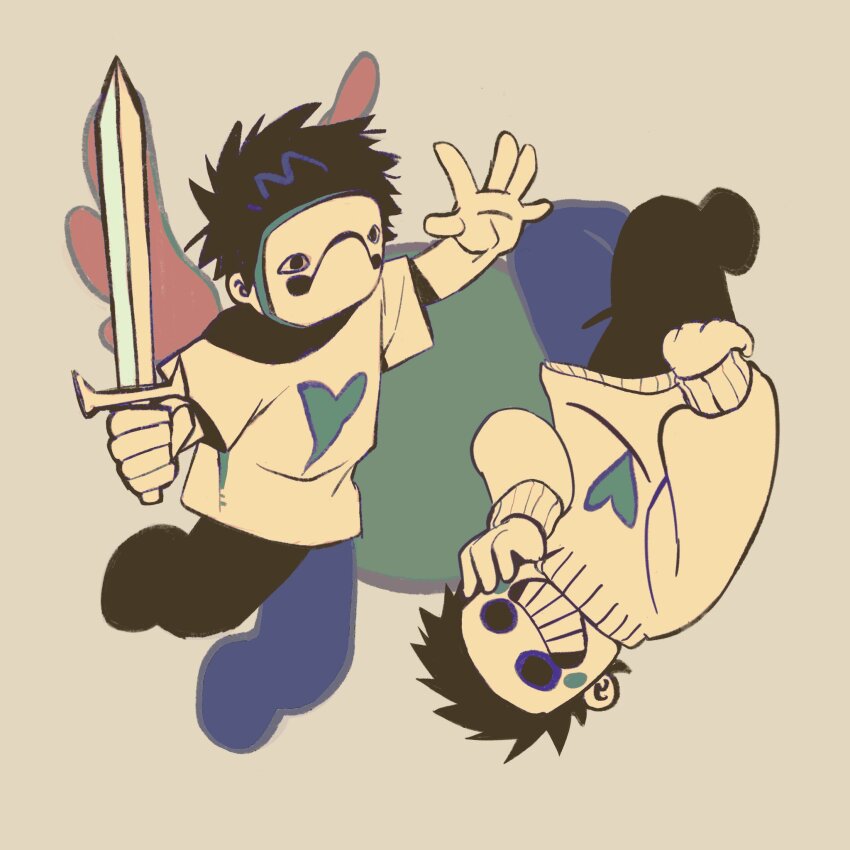 2boys angel_wings black_hair black_pants cud207 dual_persona full_body grey_background grin hand_on_own_face heart highres holding holding_sword holding_weapon male_focus mask multiple_boys off_(game) outstretched_arm outstretched_hand pants shirt short_hair short_sleeves sleeves_past_wrists smile sweater sword t-shirt teeth upside-down weapon wings zacharie_(off)