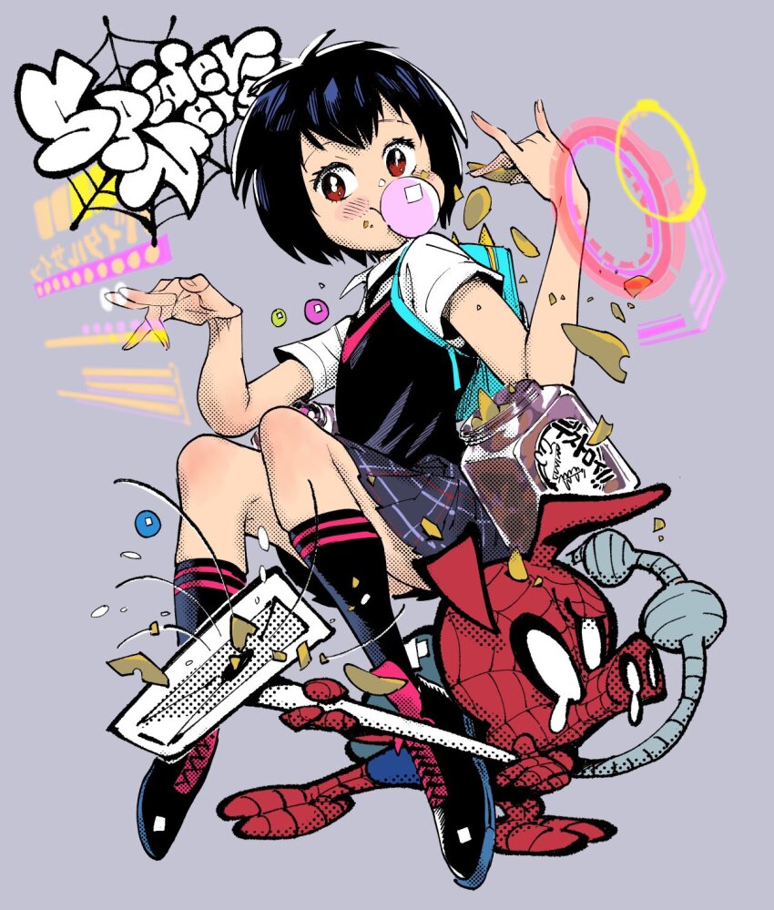 1boy 1girl \n/ ahn_dongshik animal_bag backpack bag ben-day_dots black_footwear black_hair black_socks black_sweater_vest blue_bag bodysuit brown_eyes candy chewing_gum chips_(food) cleaning control_panel_overlay copyright_name crumbs crying dress_shirt droopy_ears eating fingernails food grey_background gumball highres holding holding_food holding_vacuum_cleaner jar jewelry looking_at_viewer marvel mask multicolored_bodysuit peni_parker pig pink_shoes plaid_clothes plaid_skirt pleated_skirt potato_chips print_bodysuit pushing ring school_uniform screentones shirt shoes short_hair short_sleeves simple_background sitting skindentation skirt snot_trail socks spider-ham spider-man:_into_the_spider-verse spider-man_(series) spider-verse spider_web_print streaming_tears superhero_costume sweater_vest tears two-tone_bodysuit two-tone_footwear vacuum_cleaner white_shirt