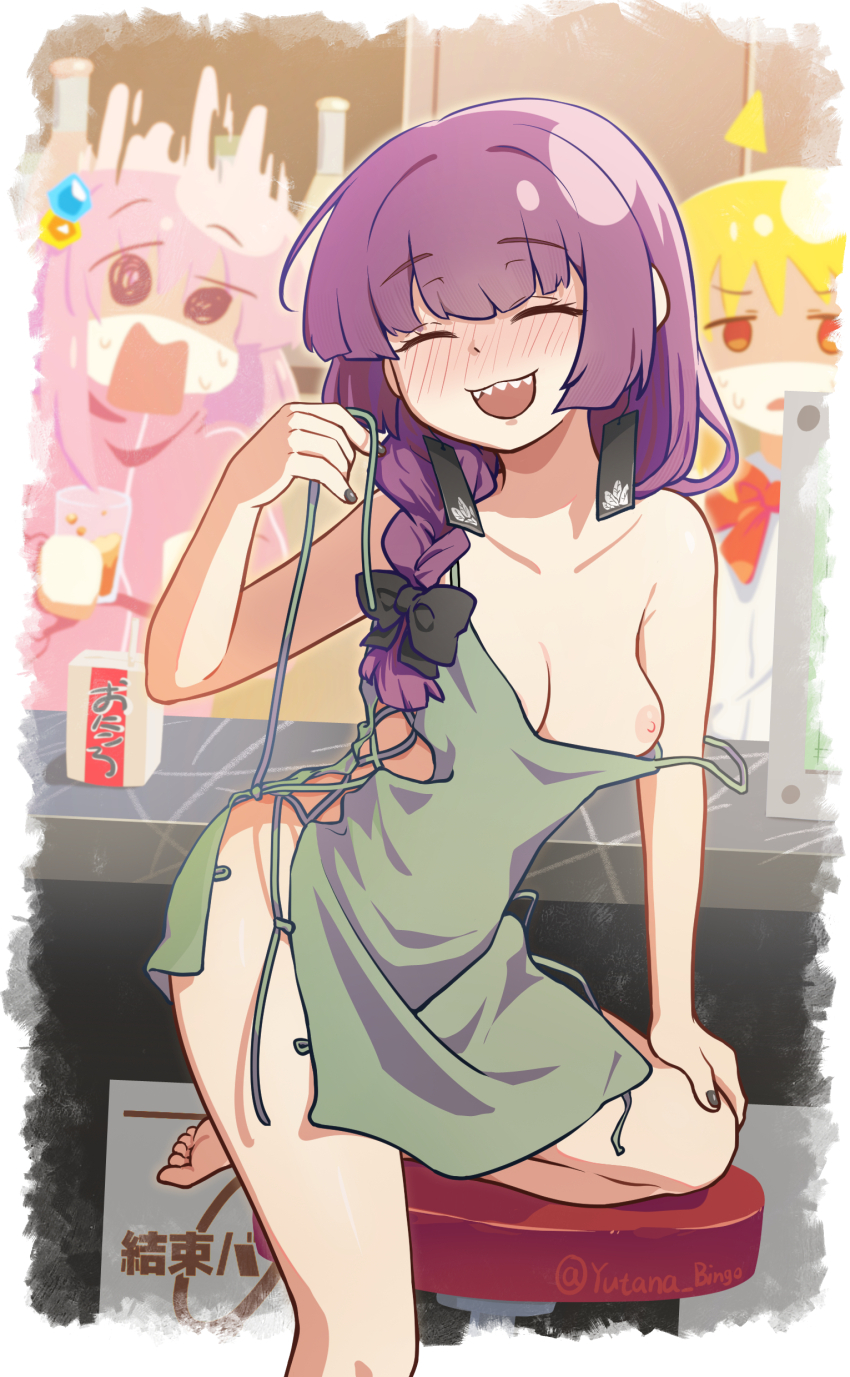 3girls @_@ absurdres bare_shoulders black_nails blonde_hair blush bocchi_the_rock! braid breasts cleavage closed_eyes cube_hair_ornament dress drunk gotoh_hitori green_dress haihara_yuuya hair_ornament highres hiroi_kikuri ijichi_nijika long_hair medium_breasts multiple_girls nipples no_bra no_panties one_breast_out open_mouth outdoors pink_hair purple_hair red_eyes sharp_teeth side-tie_dress strap_slip teeth