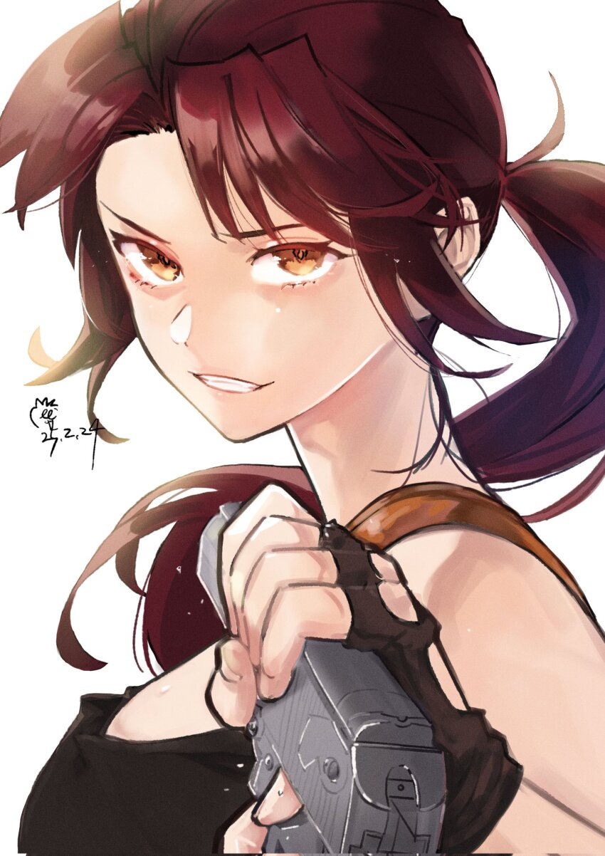 1girl black_lagoon brown_hair gun highres masumai_yawa revy_(black_lagoon) smile tagme weapon