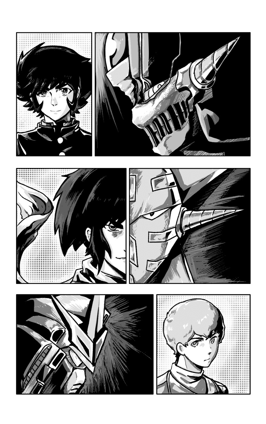 3boys amuro_ray char&#039;s_counterattack closed_mouth commentary earth_federation english_commentary expressionless from_side gakuran getter_robo greyscale gundam head_spikes highres looking_at_viewer male_focus mazinger_(series) mazinger_zero_(mecha) mecha mecha_focus monochrome multiple_boys nagare_ryoma nu_gundam portrait profile ringed_eyes robot scarf school_uniform science_fiction shin_getter-1 shin_getter_robo shin_mazinger_zero short_hair sideburns sideways_glance smile user_haay5824 v-fin v-shaped_eyebrows