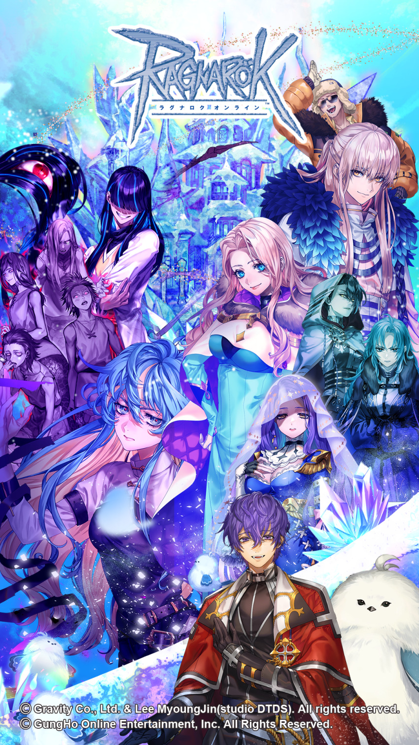 6+boys 6+girls aura aurelie_petit_issgard bagot_(ragnarok_online) bird black_eyeliner black_gloves black_hair black_shirt blonde_hair blue_dress blue_eyes blue_hair blunt_bangs breasts bridal_veil cardinal_(ragnarok_online) castle cleavage closed_mouth coat colored_inner_hair copyright_notice dark_aura dress eyeliner friederike_(ragnarok_online) frown fur_collar fur_hat gloves hair_between_eyes hair_over_eyes half_updo hat highres ice iwin_(ragnarok_online) large_breasts lazy_(ragnarok_online) lehar_zeta leon_petit_issgard logo long_bangs long_hair long_sleeves makeup medium_breasts messy_hair multicolored_hair multiple_boys multiple_girls nikai_(game_artist) official_art official_wallpaper open_mouth pink_hair purple_eyes purple_hair ragnarok_online red_coat red_eyes red_pupils shirt short_hair simulation_juncea sleeveless sleeveless_shirt smile streaked_hair sunglasses third_eye upper_body ushanka veil vellgunde_gaebolg voglinde_gaebolg white_dress winter_clothes winter_coat yellow_eyes