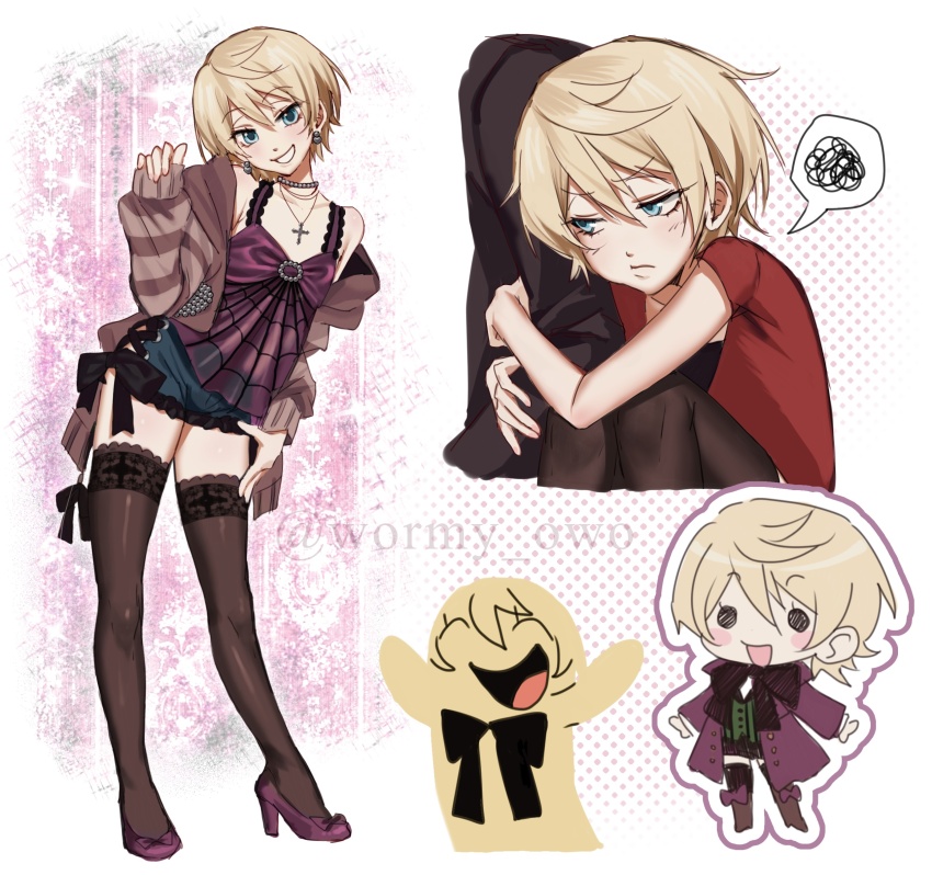 1boy agejo_gyaru alois_trancy alternate_costume blonde_hair blue_eyes blush bow camisole chibi choker contemporary cross cross_necklace crossdressing eyelashes gyaru gyaruo high_heels highres jacket jewelry kuroshitsuji male_focus necklace pale_skin shirt shorts smile t-shirt thighhighs trap wormy_owo