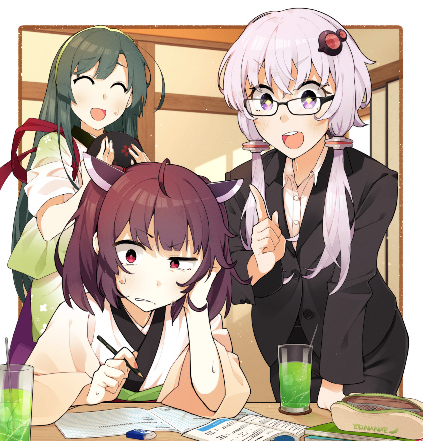+_+ 3girls ^_^ absurdres ahoge alternate_costume arm_support black_suit blade blush border brown_hair closed_eyes collared_shirt commentary_request commission confused drink drinking_straw formal_clothes glasses green_hair grimace hair_ornament hairband hand_on_own_head headgear highres holding holding_pencil holding_tray homework index_finger_raised indoors japanese_clothes kimono konori_(ahurerukuiizi) leaning_forward leaning_on_table light_purple_hair long_hair looking_at_another multiple_girls nervous nervous_smile notebook open_mouth outside_border pencil pencil_case popped_collar purple_eyes raised_eyebrow red_eyes shirt short_hair short_hair_with_long_locks skeb_commission smile suit sweat sweatdrop table tasuki textbook touhoku_kiritan touhoku_zunko tray tutor twintails uneven_eyes v-shaped_eyebrows vocaloid voiceroid white_border white_kimono white_shirt wide_sleeves yellow_hairband yuzuki_yukari
