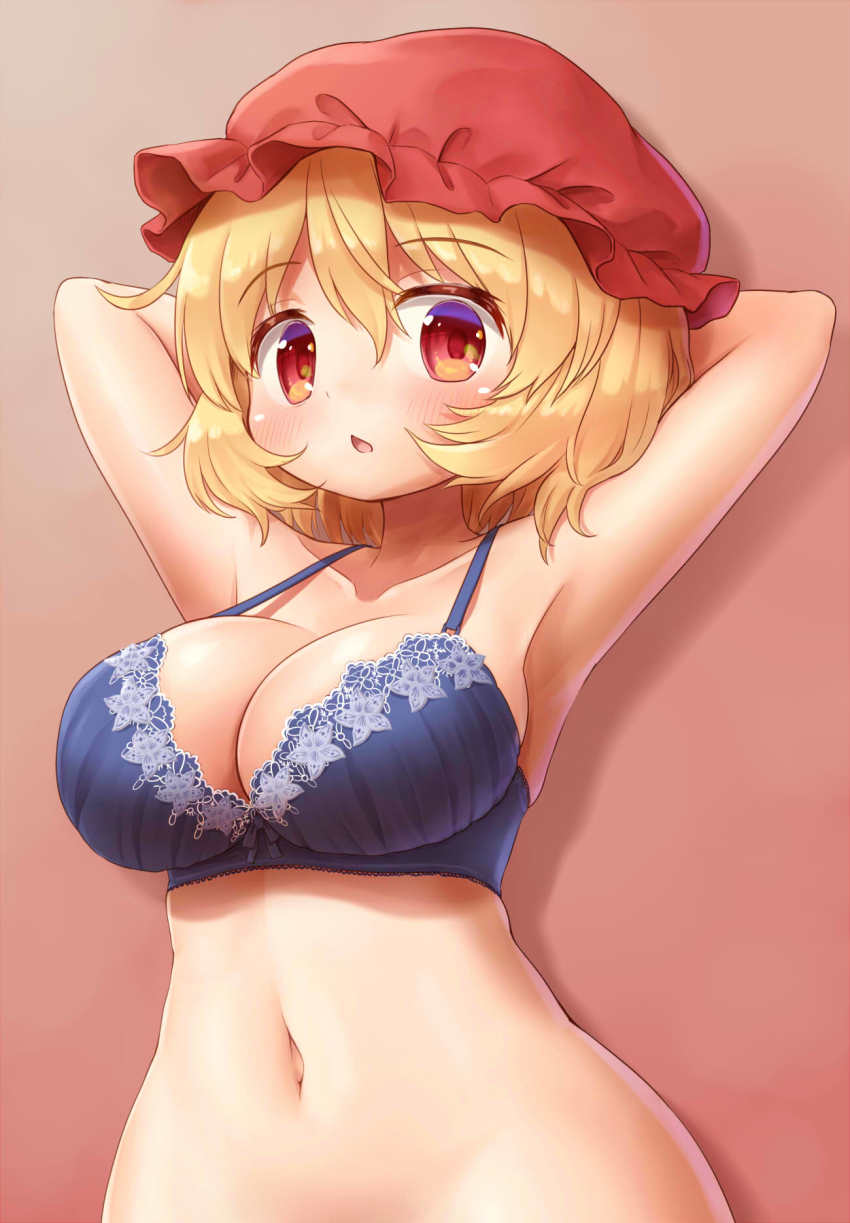 1girl :o aki_minoriko arinu armpits arms_behind_head arms_up blonde_hair blue_bra blush bra breasts chestnut_mouth cleavage collarbone commentary_request hair_between_eyes hat highres large_breasts looking_at_viewer mob_cap navel parted_lips red_eyes red_hat short_hair solo touhou underwear upper_body