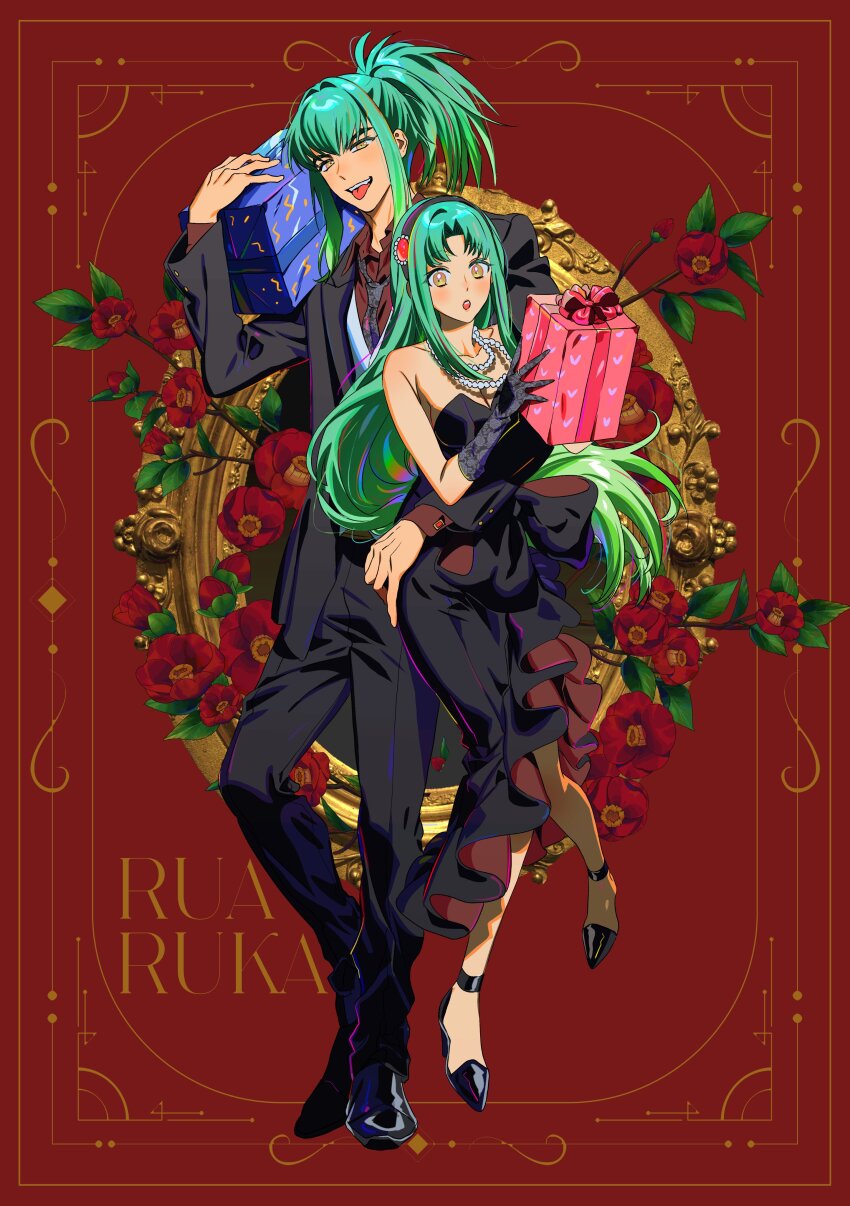 absurdres aged_up bare_shoulders black_dress black_gloves black_jacket black_necktie black_pants breasts brother_and_sister brown_shirt collarbone dress full_body gift gloves green_hair high_ponytail highres holding holding_gift jacket jewelry long_hair lua_(yu-gi-oh!) luca_(yu-gi-oh!) medium_breasts necklace necktie ojing_oppa_(o_b_s_00) pants pearl_necklace ponytail red_background shirt siblings simple_background strapless strapless_dress twins vest white_vest yellow_eyes yu-gi-oh! yu-gi-oh!_5d&#039;s