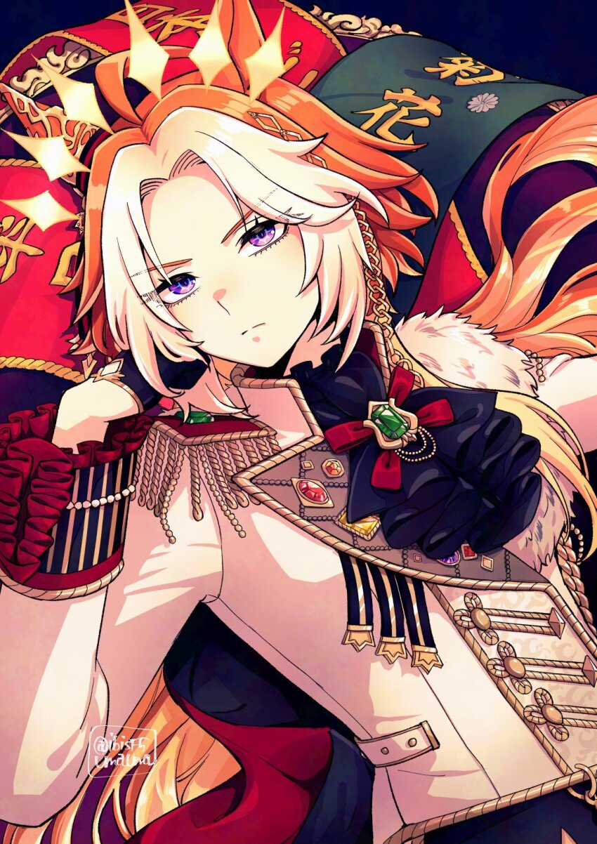 1girl ahoge aiguillette animal_ears arm_up ascot black_ascot black_gloves breasts brooch cape chain closed_mouth commentary_request ear_covers ear_ornament epaulettes forehead gem gloves gold_chain hair_intakes hi_(ibisf5umauma) highres horse_ears horse_girl jacket jewelry long_hair long_sleeves looking_at_viewer lying medium_breasts multicolored_hair on_back orange_hair orfevre_(old_design)_(umamusume) parted_bangs parted_lips petals purple_eyes single_ear_cover single_epaulette solo translation_request two-tone_hair umamusume very_long_hair white_hair white_jacket