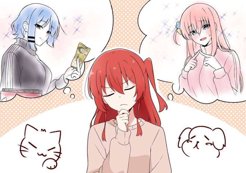 3girls amogan black_jacket blue_hair blush bocchi_the_rock! brown_cardigan cardigan closed_eyes closed_mouth commentary_request cube_hair_ornament frown gotoh_hitori green_eyes hair_between_eyes hair_ornament hand_on_own_chin hand_up hands_up highres holding holding_money imagining index_fingers_together jacket kita_ikuyo long_hair long_sleeves looking_at_viewer mole mole_under_eye money multiple_girls one_side_up open_mouth pink_hair pink_jacket red_hair short_hair sidelocks smile sparkle speech_bubble sweatdrop thinking thought_bubble track_jacket turning_head twiddling_fingers upper_body yamada_ryo yellow_eyes