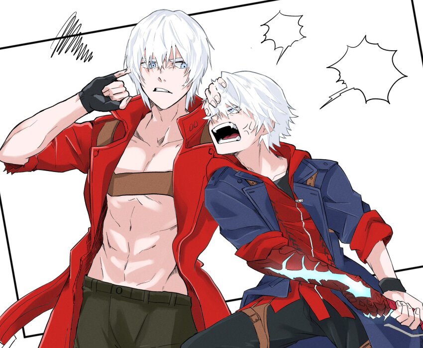 2boys abs anger_vein aonano_db bare_pectorals black_gloves black_pants blank_speech_bubble blue_coat blue_eyes chest_strap coat collarbone collared_coat commentary commentary_request dante_(devil_may_cry) devil_may_cry devil_may_cry_(series) devil_may_cry_3 devil_may_cry_4 eye_contact fingernails gloves groin hand_on_another&#039;s_head highres holding holding_weapon hooded_shirt looking_at_another looking_to_the_side male_focus multiple_boys nero_(devil_may_cry) open_clothes open_coat open_mouth pants pectorals popped_collar red_coat red_shirt shirt shouting sideways_glance speech_bubble squiggle teeth time_paradox toned toned_male uncle_and_nephew weapon white_hair zipper zipper_pull_tab