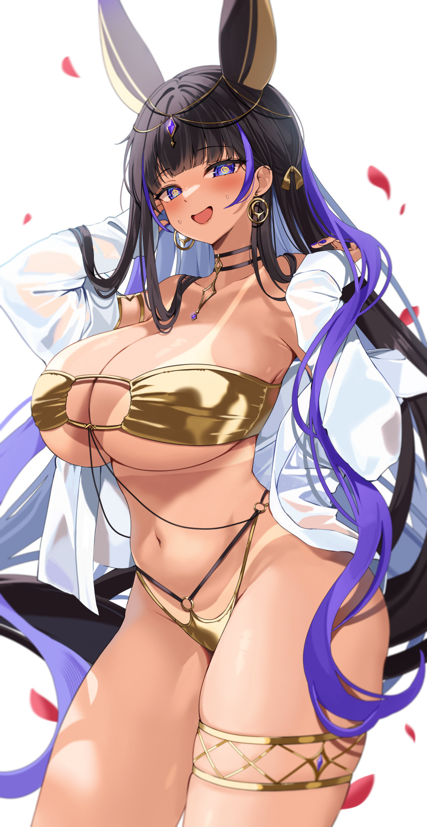 1girl @_@ absurdres alternate_costume animal_ears arm_behind_head azur_lane bare_shoulders bikini bikini_tan black_choker black_hair blunt_bangs blush breasts choker cleopatra_(azur_lane) cleopatra_(stars_and_roses)_(azur_lane) cowboy_shot dark-skinned_female dark_skin earrings gem gold_armlet gold_bikini gold_thighlet head_chain highleg highleg_bikini highres huge_breasts jackal_ears jackal_girl jewelry long_hair looking_at_viewer multicolored_hair navel off_shoulder open_mouth pendant_choker petals purple_eyes purple_gemstone purple_streaks rose_petals sayan see-through_clothes see-through_shirt shirt skindentation smile solo strapless strapless_bikini streaked_hair sweat swimsuit symbol-shaped_pupils tan tanline thighlet thighs underboob very_long_hair white_shirt yellow_pupils