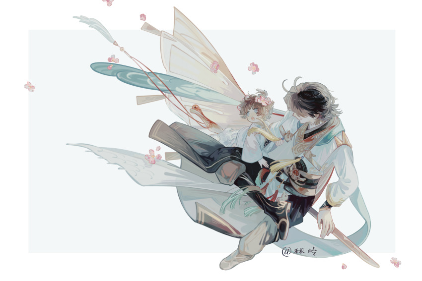 2boys :o age_difference aged_down antenna_hair black_boots black_hair black_sash blue_eyes boots border brown_hair child chinese_clothes covered_eyes falling_flower floating_cape flower from_above full_body grey_background grey_pants hair_flower hair_ornament hair_over_eyes highres holding_another&#039;s_arm long_sleeves looking_to_the_side male_focus male_master_(the_tale_of_food) multiple_boys one_side_up open_mouth outside_border pants parted_lips pink_flower robe sash shirt short_hair shuling sidelocks sitting sitting_on_weapon smile sword taibai_duck_(the_tale_of_food) the_tale_of_food waist_cape weapon white_border white_robe white_shirt wind