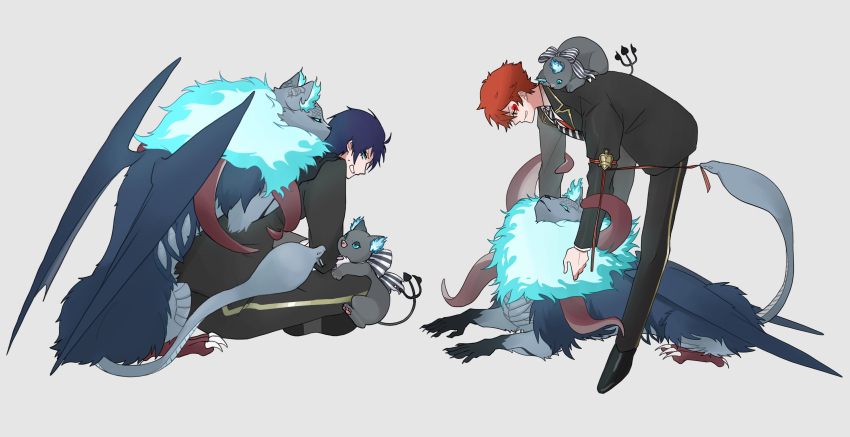 2boys absurdres ace_trappola blue_eyes blue_hair cat chimera chimera_(twisted_wonderland) commentary_request creature deuce_spade dragon_wings full_body grey_background grim_(twisted_wonderland) highres indian_style male_focus monster multiple_boys neck_fire night_raven_college_uniform raccoonlot red_hair school_uniform short_hair simple_background sitting snake_head_tail standing tail tentacles twisted_wonderland wings