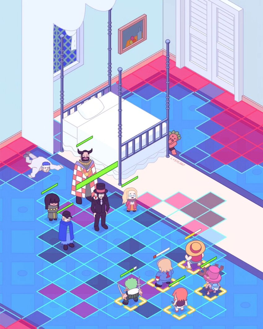 3girls 6+boys artist_name beard bed blonde_hair blueno blunt_bangs chibi commentary facial_hair gameplay_mechanics green_hair hat health_bar highres holding holding_sword holding_weapon iceburg indoors isometric kaku_(one_piece) kalifa_(one_piece) long_nose lv5plant medium_hair monkey_d._luffy multiple_boys multiple_girls nami_(one_piece) nami_(one_piece)_(water_7) nico_robin nico_robin_(water_7) one_piece orange_hair paulie rob_lucci roronoa_zoro straw_hat straw_hat_pirates sword tile_floor tiles tony_tony_chopper weapon weapon_in_mouth