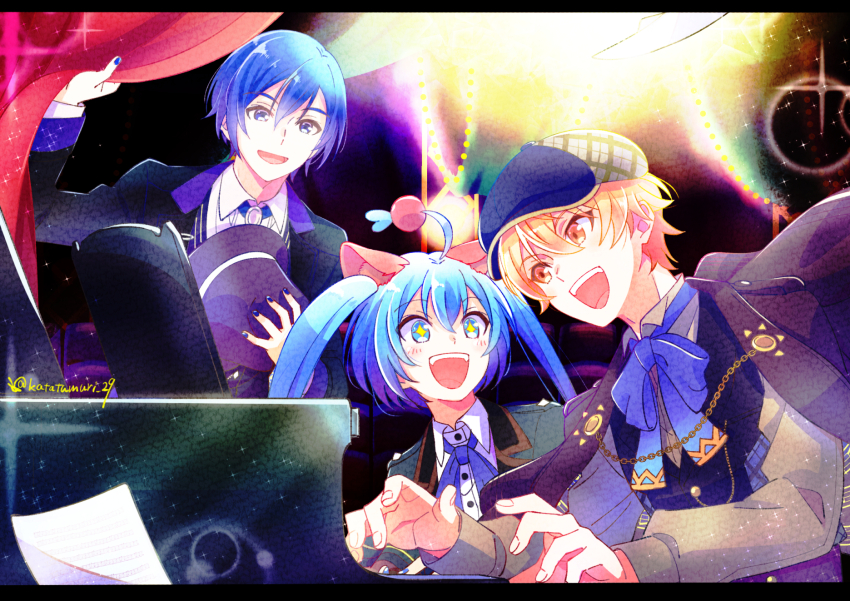 1girl 2boys ahoge animal_ears backlighting black_coat black_hat black_jacket black_vest blonde_hair blue_eyes blue_hair blue_hat blue_nails blue_ribbon blurry bokeh brooch buttons newsboy_cap cat_ears coat coat_on_shoulders collared_shirt curtain_grab curtains depth_of_field dress_shirt fangs fedora fingernails gold_trim grey_shirt hair_between_eyes hair_ornament happy hat hatsune_miku heart heart_ahoge highres holding holding_unworn_clothes holding_unworn_hat instrument jacket jewelry kaito_(vocaloid) katatumuri_29 lapel_chain light_particles long_sleeves mabayui_hikari_no_stage_de_(project_sekai) multiple_boys music neck_ribbon open_mouth paper piano plaid_clothes plaid_hat playing_instrument playing_piano pom_pom_(clothes) pom_pom_hair_ornament project_sekai puffy_long_sleeves puffy_sleeves ribbon shirt sidelocks sparkle sparkling_eyes stage stage_curtains stage_lights standing string_of_light_bulbs sweater_guard symbol_in_eye tenma_tsukasa tsurime twintails twitter_username two-tone_hat unworn_hat unworn_headwear vest vocaloid white_shirt wide-eyed wonderlands_x_showtime_(project_sekai) wonderlands_x_showtime_kaito wonderlands_x_showtime_miku yellow_eyes