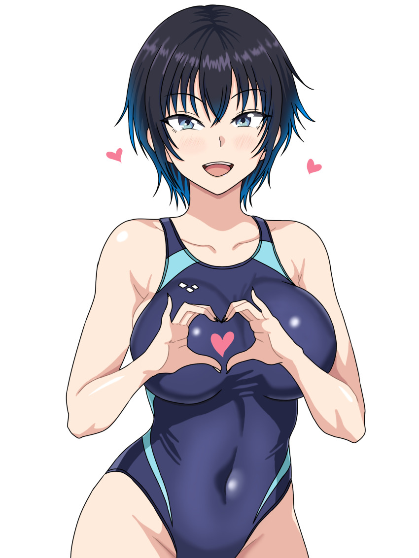 1girl absurdres black_hair blue_one-piece_swimsuit breasts commentary_request competition_swimsuit covered_navel green_eyes heart heart_hands highleg highleg_one-piece_swimsuit highres large_breasts looking_at_viewer maru_(asroc7233) milestone_celebration one-piece_swimsuit original short_hair simple_background smile solo swimsuit two-tone_swimsuit white_background